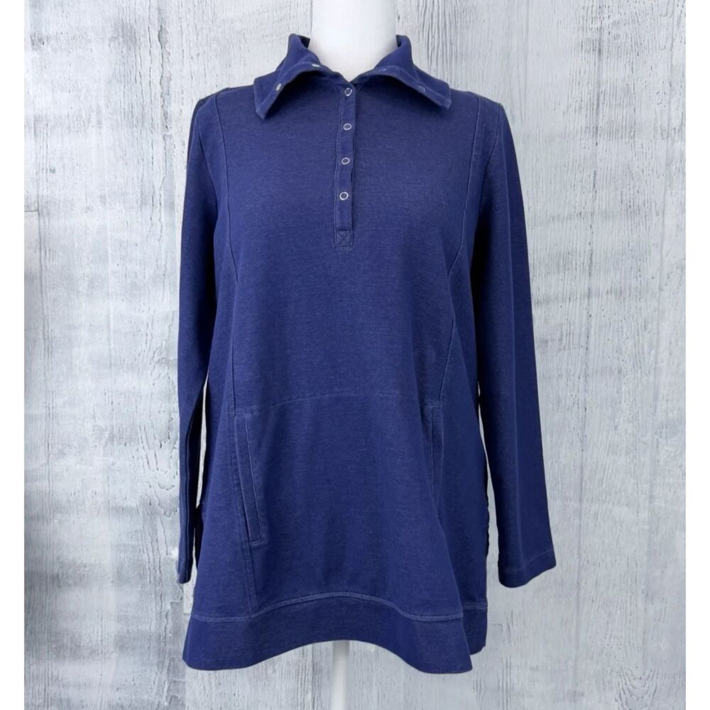 J.Jill Fit Double Knit Snap Collar Tunic Pullover Blue Womens M Pockets